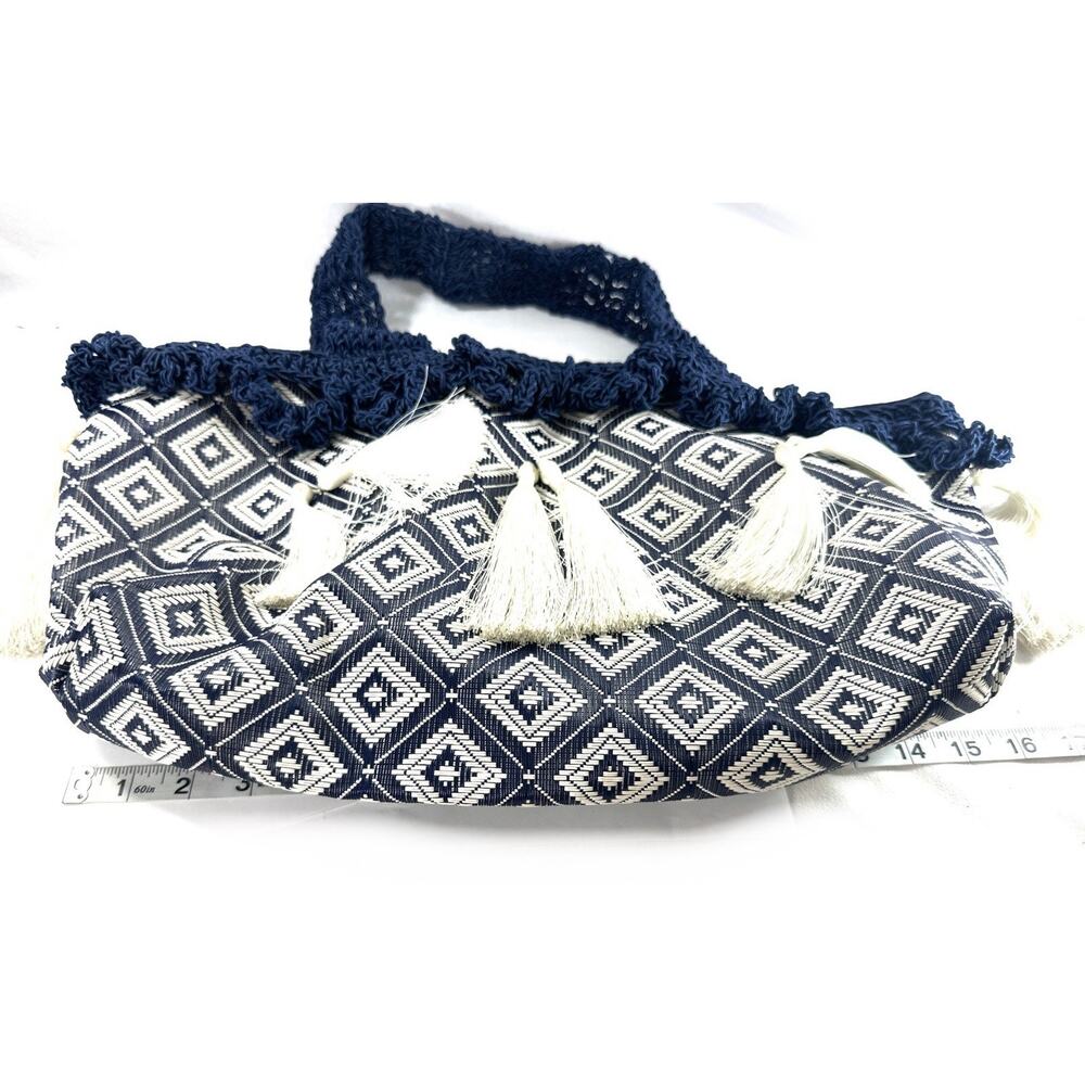 IL GIARDINO DI PIPPO Blue White Woven Tote Bag Tassel Macrame Handles Large - Picture 7 of 10